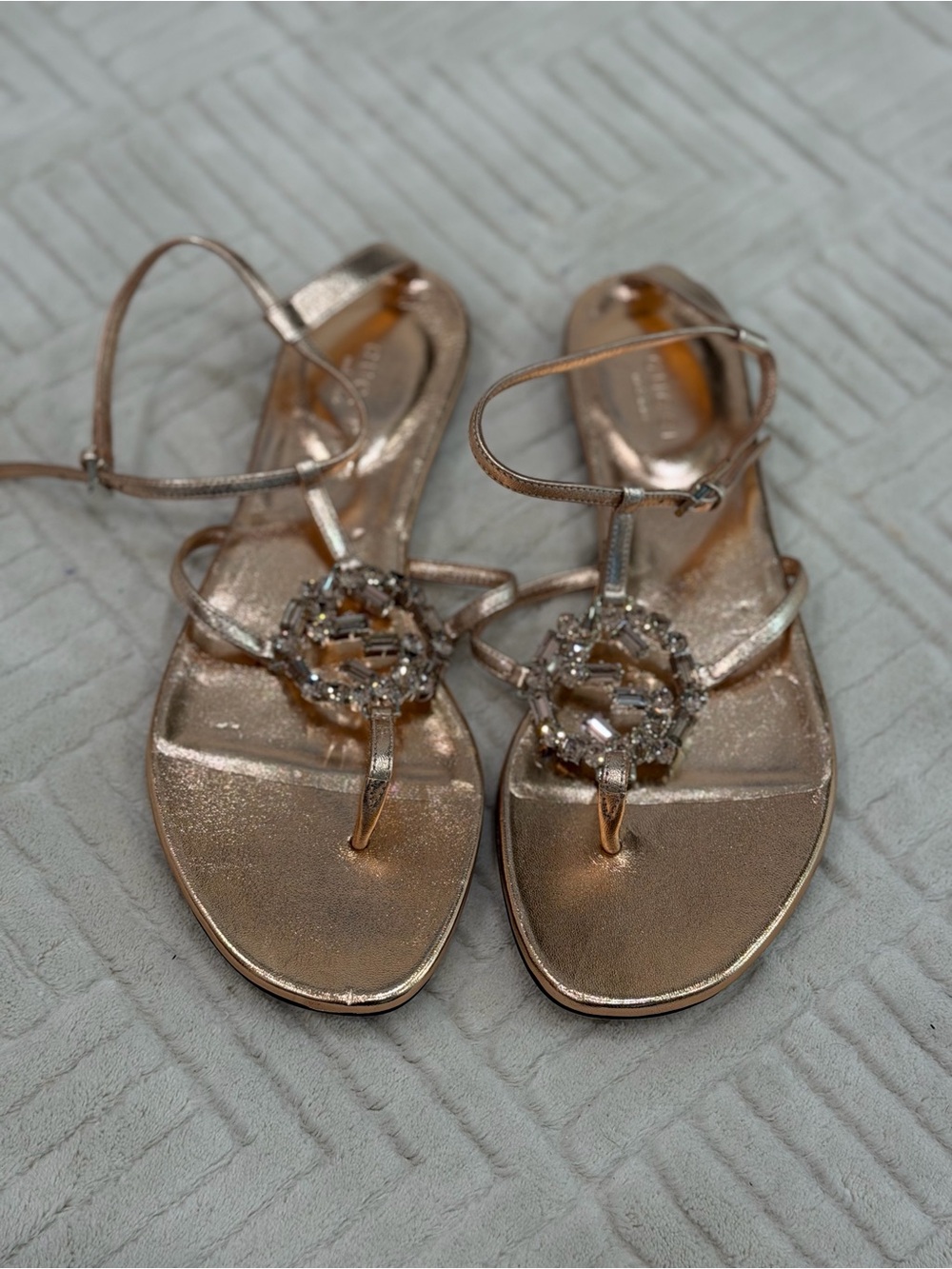 Gucci Metallic Rose Gold Jeweled T-Strap Women's Sandals